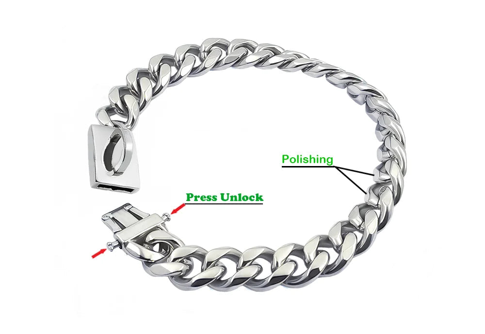 Silver chain collar with labeled features on a white background