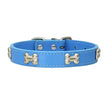 Blue dog collar with bone-shaped studs on a white background