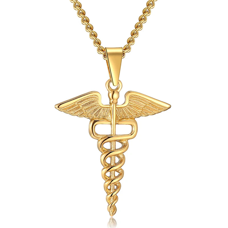 Gold caduceus pendant necklace on a white background