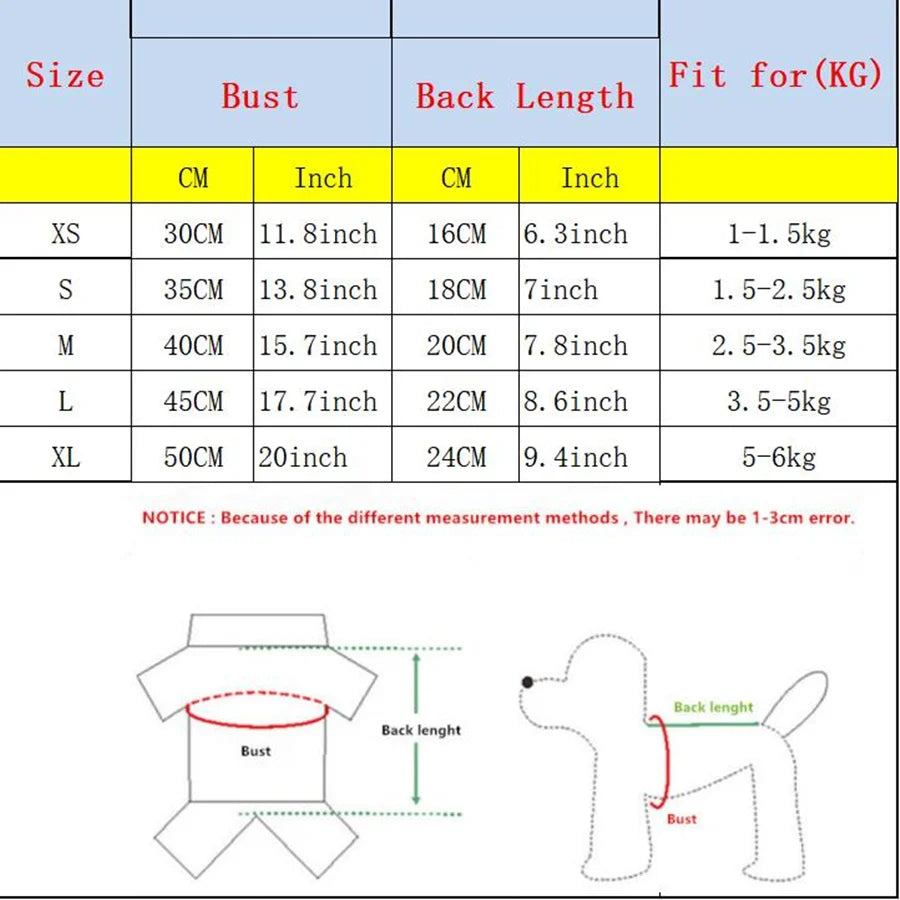 Size chart for dog coats with measurements in centimeters and inches, and weight ranges.