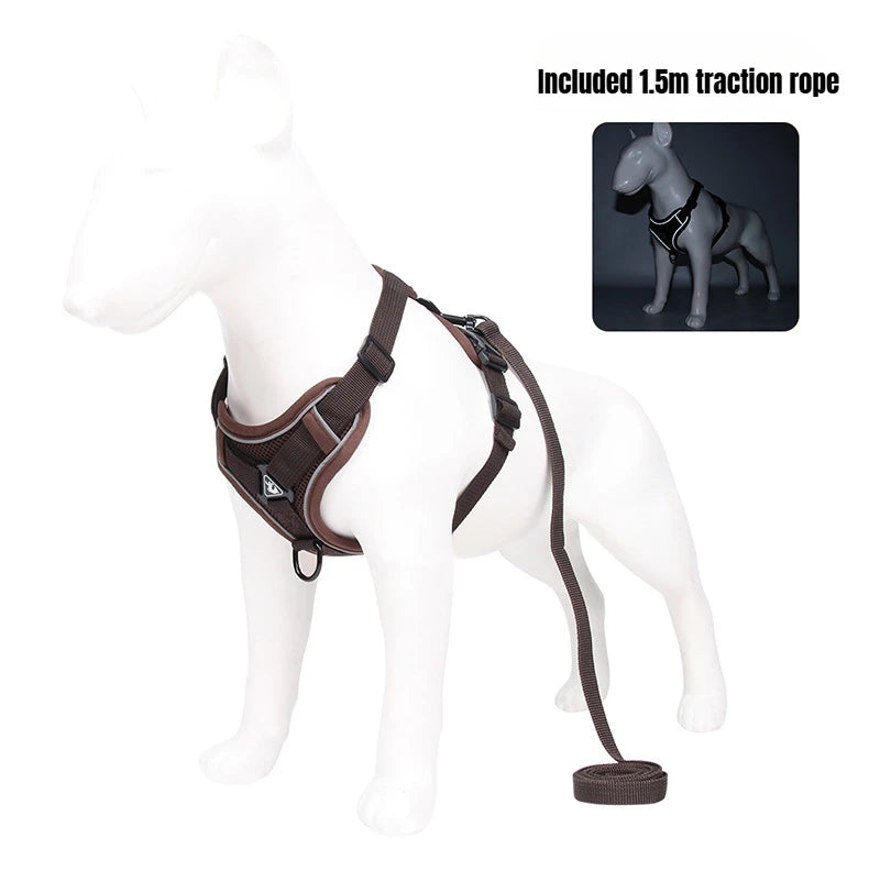Dog harness with included 1.5m traction rope on a mannequin, with a small inset showing the harness on a dog.
