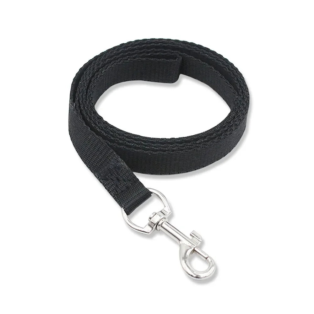 Black dog leash with a silver clasp on a white background