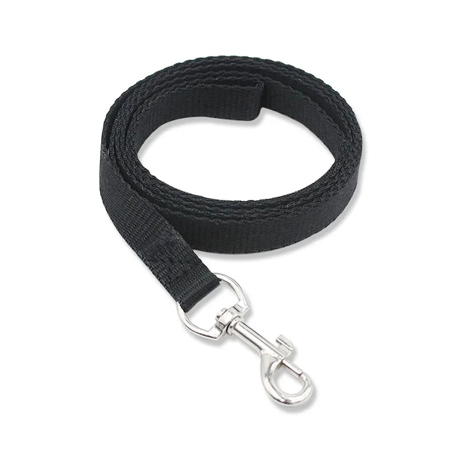 Black dog leash with a silver clasp on a white background