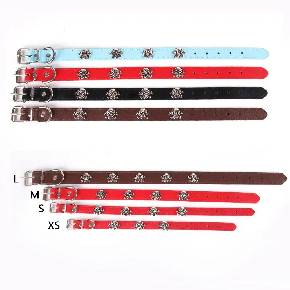 Set of dog collars in various colors with size indicators on a white background