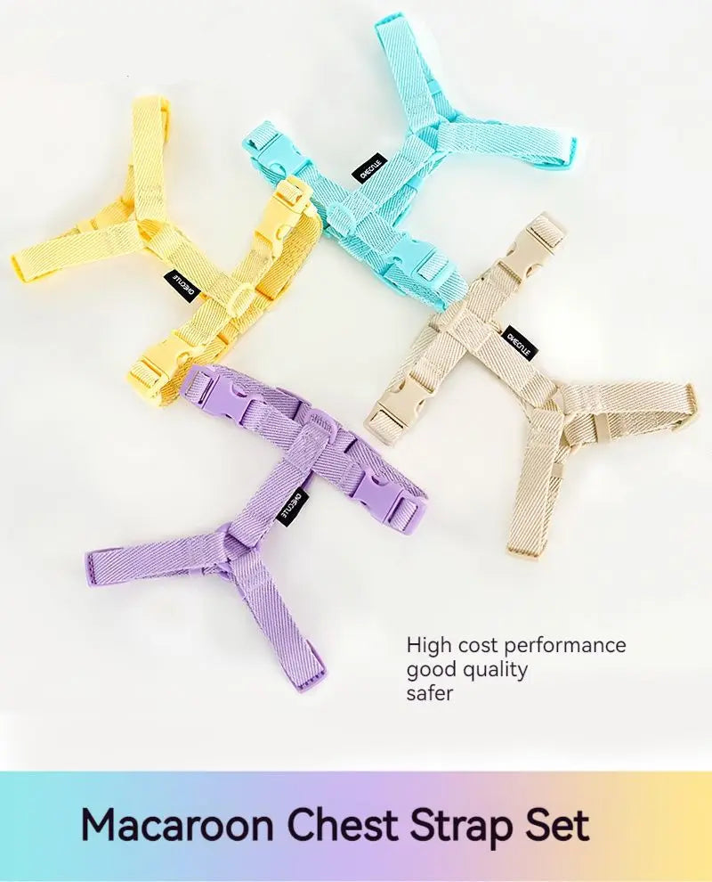 Set of four colorful chest straps on a white background with text about quality and safety.