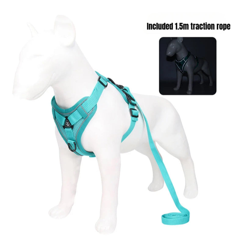 Teal dog harness and leash set on a white mannequin with text indicating included 1.5m traction rope.