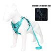 Teal dog harness and leash set on a white mannequin with text indicating included 1.5m traction rope.