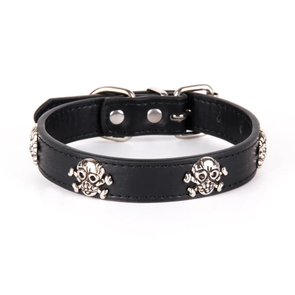 Black leather dog collar with skull designs on a white background