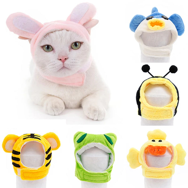 Cat wearing a pink bunny costume with various animal-themed pet costumes displayed below.