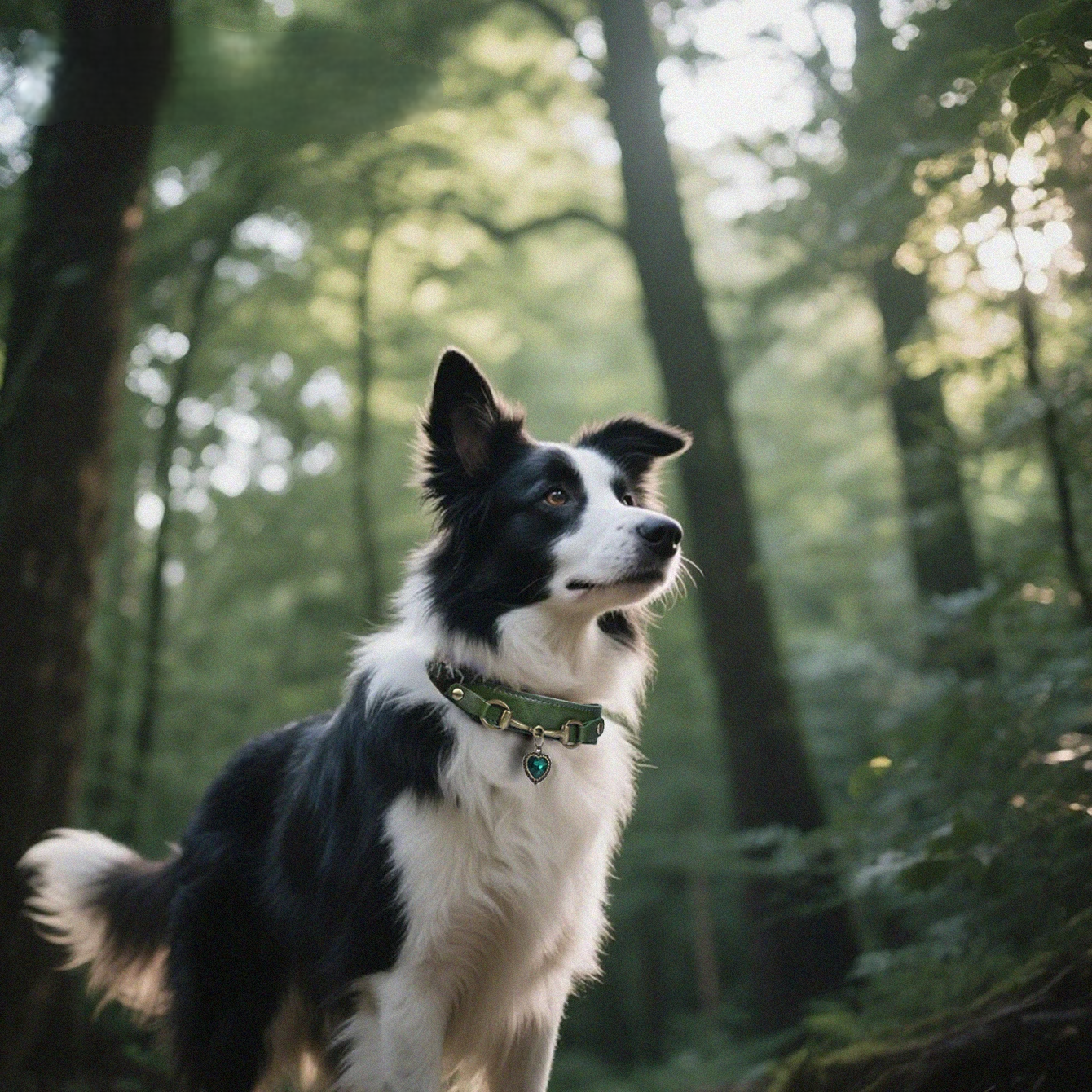 A dog standing in a forest with green  in the background