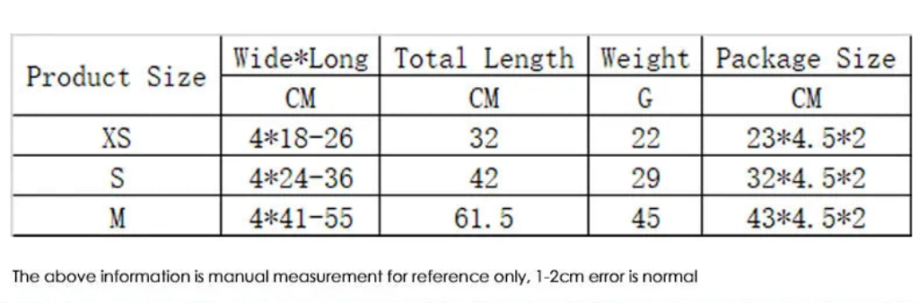 Table displaying product size measurements with dimensions in centimeters.