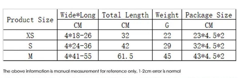 Table displaying product size measurements with dimensions in centimeters.