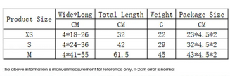 Table displaying product size measurements with dimensions in centimeters.