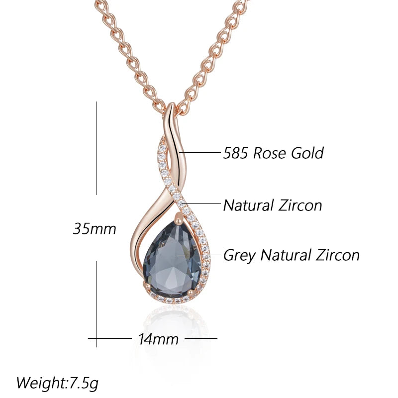 Rose gold necklace with grey natural zircon pendant, labeled with material details on a white background.