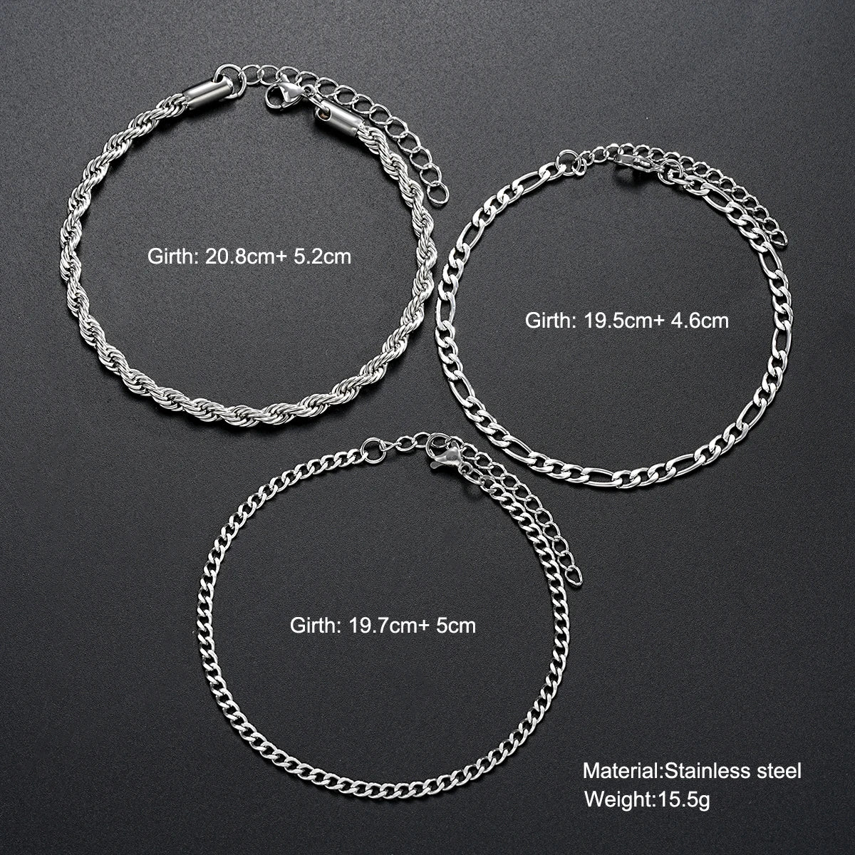 Three silver bracelets with measurements and material details on a dark background