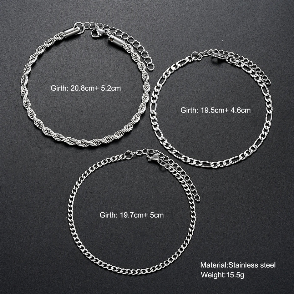 Three silver bracelets with measurements and material details on a dark background