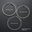 Three silver bracelets with measurements and material details on a dark background