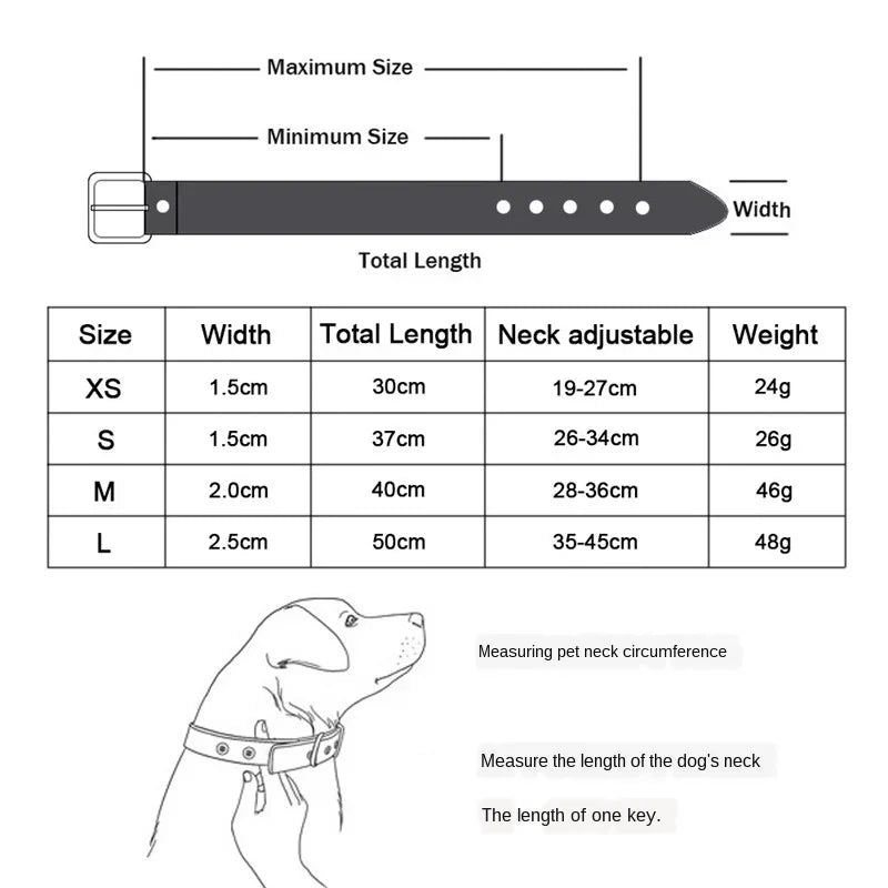 Measurement chart for dog collars with size chart and diagram of a dog wearing a collar.