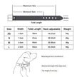 Measurement chart for dog collars with size chart and diagram of a dog wearing a collar.