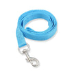 Blue dog leash with a silver clip on a white background