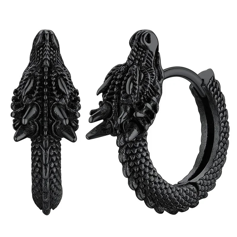Black dragon-shaped hoop earrings on a white background