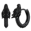 Black dragon-shaped hoop earrings on a white background