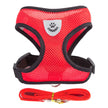 Red dog harness with black straps and a matching leash on a white background