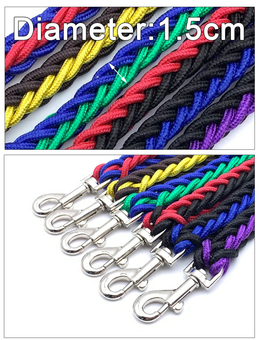 Colorful braided lanyards with metal hooks on a white background, showing the diameter of 1.5cm.