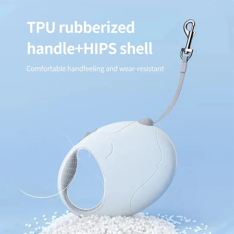 White pet leash with TPU handle and HIPS shell on a light blue background