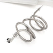 Silver coiled cable with a decorative end on a white background