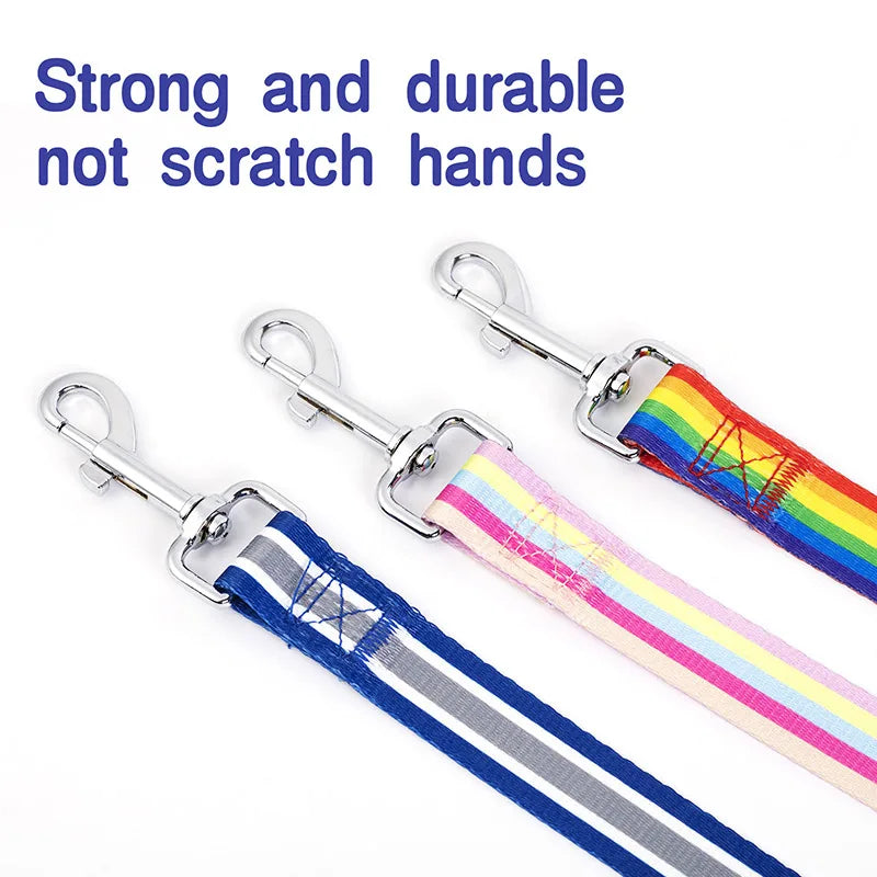 Two colorful lanyards with metal clips on a white background, labeled 'Strong and durable not scratch hands'.
