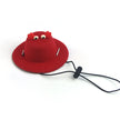 Red pet hat with a face design and a black cord on a white background
