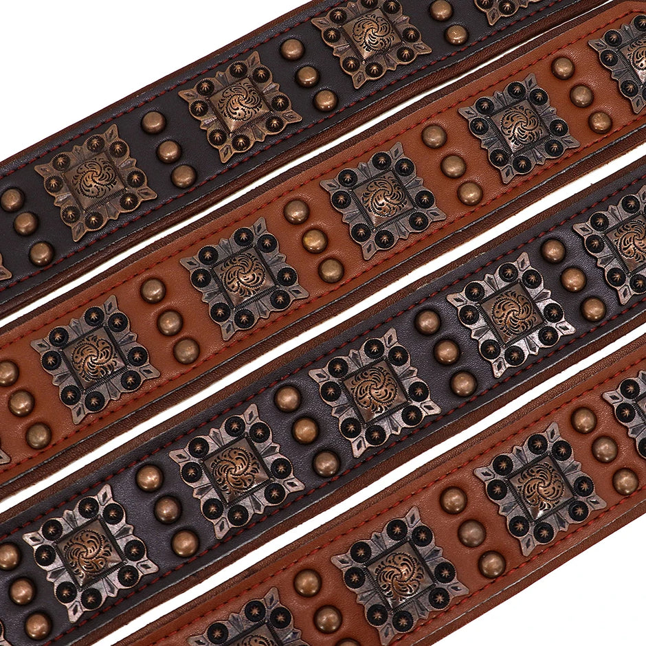 Decorative leather collar with metal studs and patterns on a white background