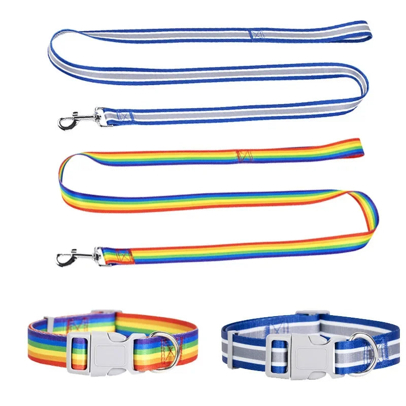 Dog leashes and collars in blue, white, rainbow, and striped patterns on a white background.