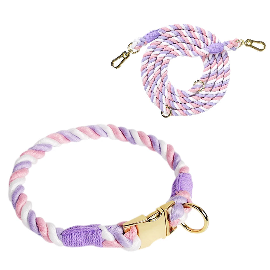 Multicolored braided leash with gold clasp on a white background