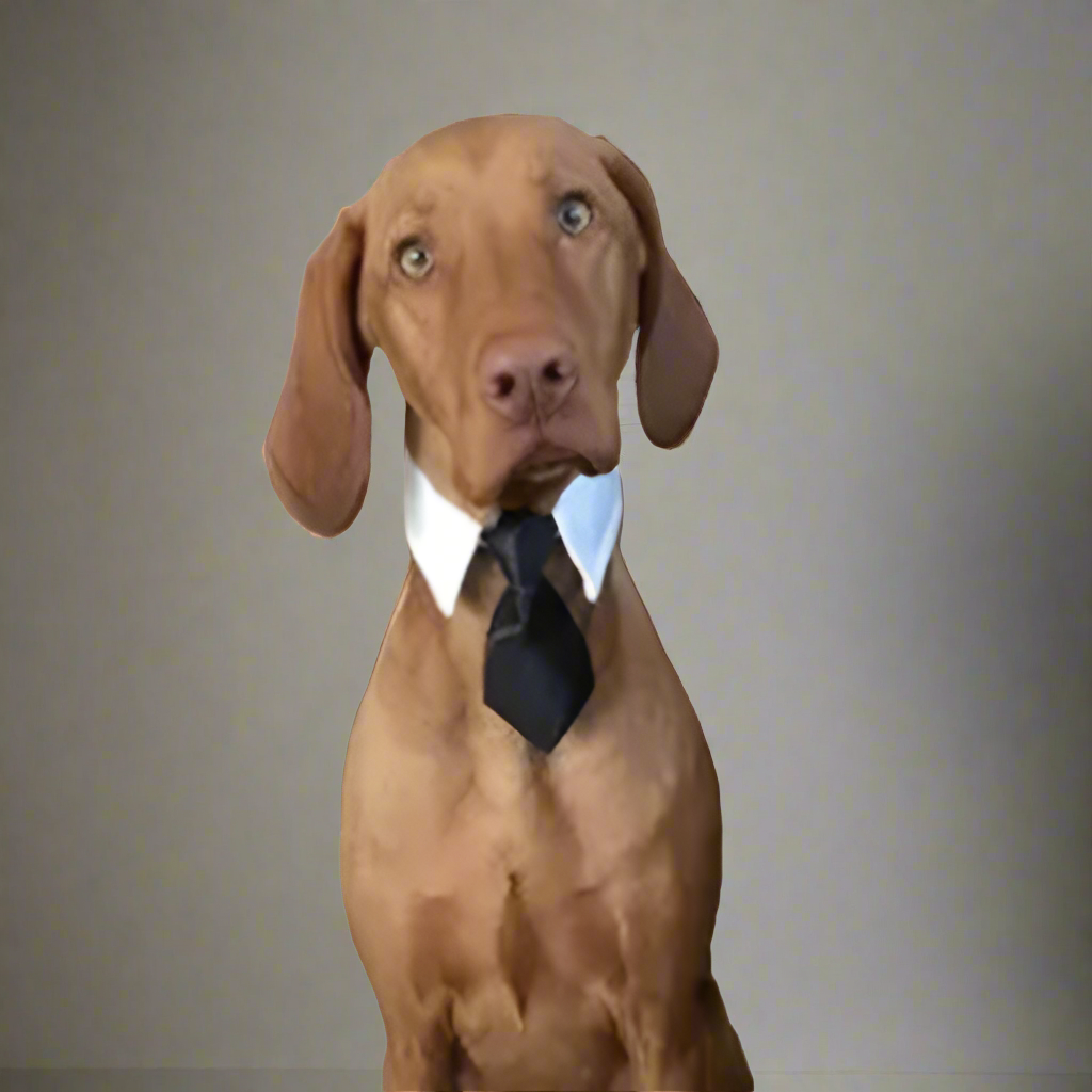 Dog wearing a black tie against a plain background