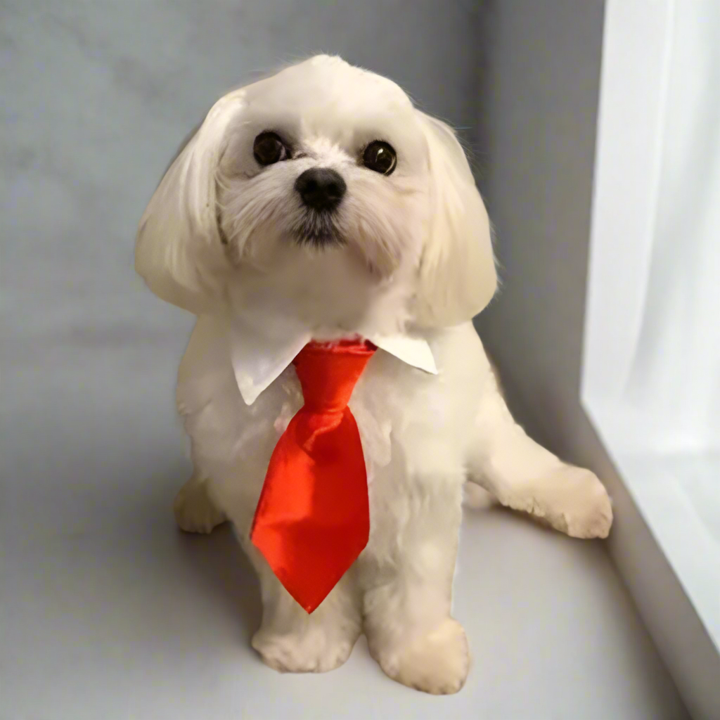 Small white dog wearing a red tie on a plain background