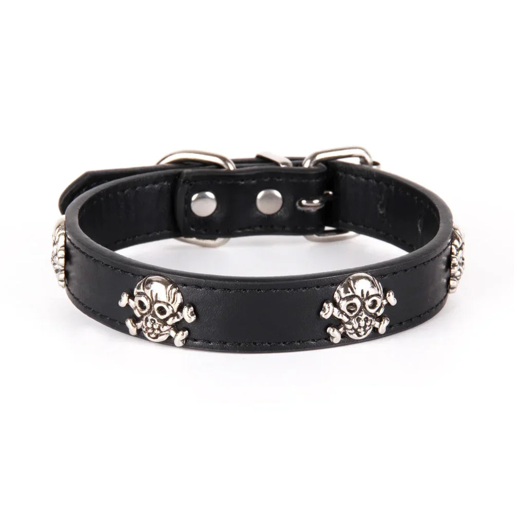 Black leather dog collar with skull designs on a white background