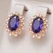 Pair of gold earrings with purple gemstones on a light background