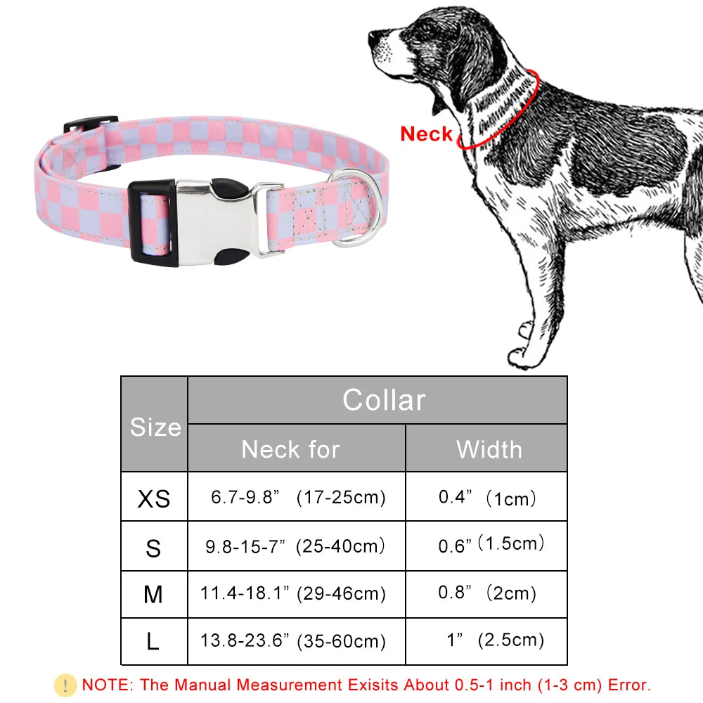 Dog collar with measurement chart and illustration of a dog wearing the collar.