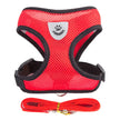 Red dog harness with black straps and a matching leash on a white background