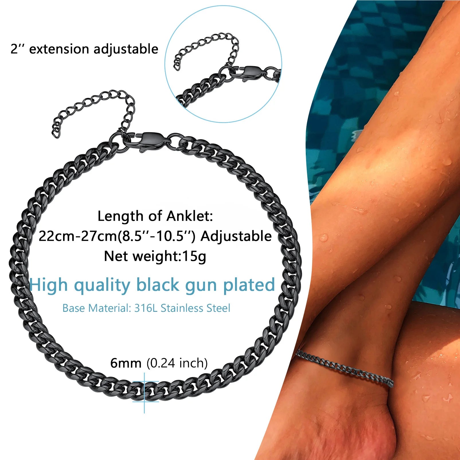 Black gun-plated anklet with adjustable extension on a person's ankle, showing product details.