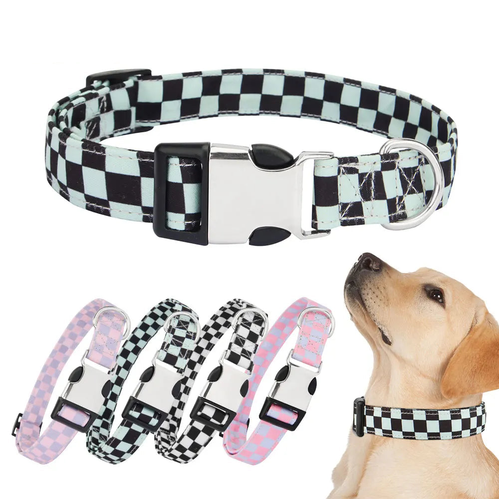 Checkered dog collar with a dog wearing it, featuring Cuperay branding.