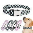 Checkered dog collar with a dog wearing it, featuring Cuperay branding.