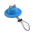 Blue hat with frog design on a white background