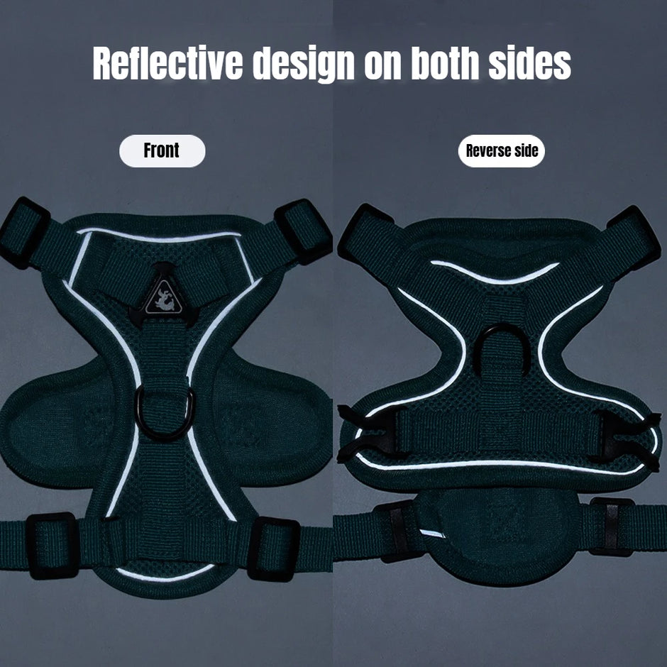 Reflective dog harness shown from front and reverse sides on a dark background