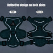 Reflective dog harness shown from front and reverse sides on a dark background