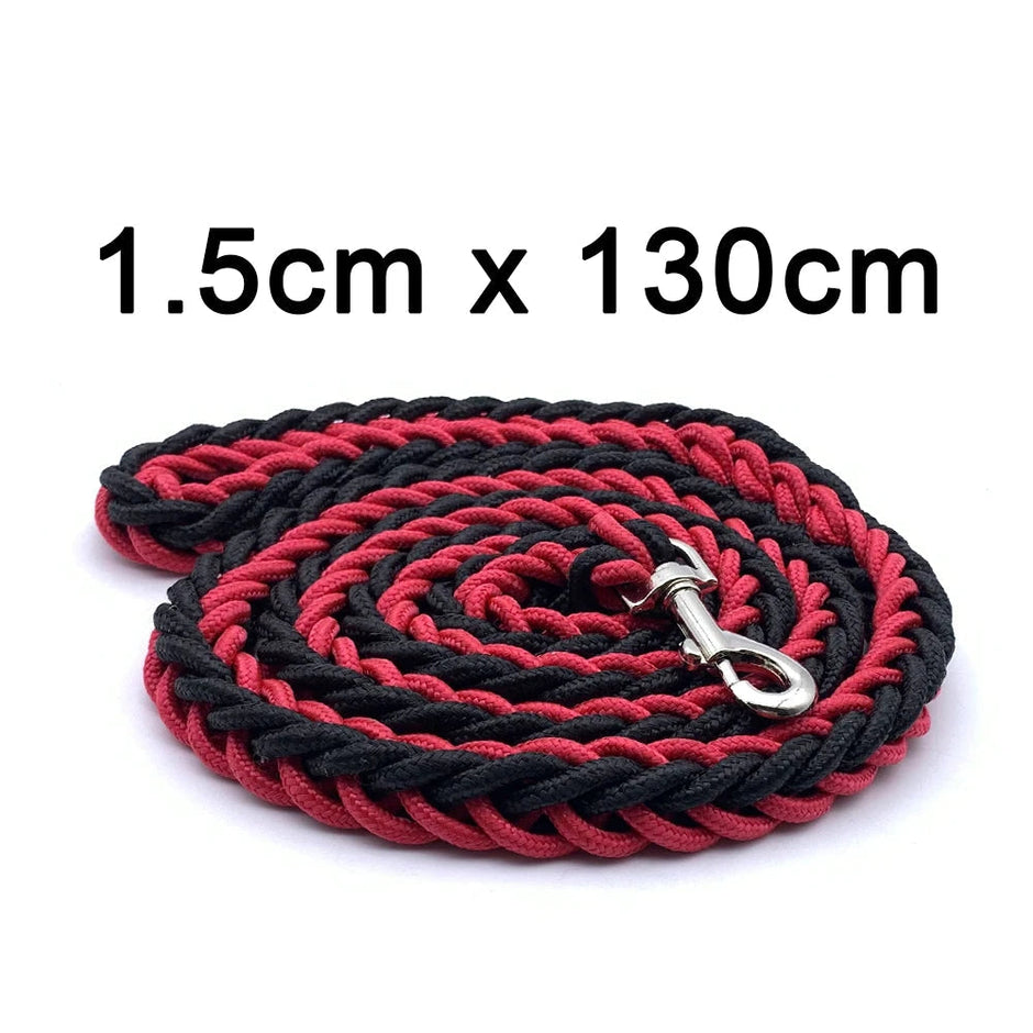 Red and black braided rope lead with metal clip on a white background, labeled '1.5cm x 130cm' and 'PC0469-2'.