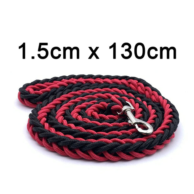 Red and black braided rope lead with metal clip on a white background, labeled '1.5cm x 130cm' and 'PC0469-2'.