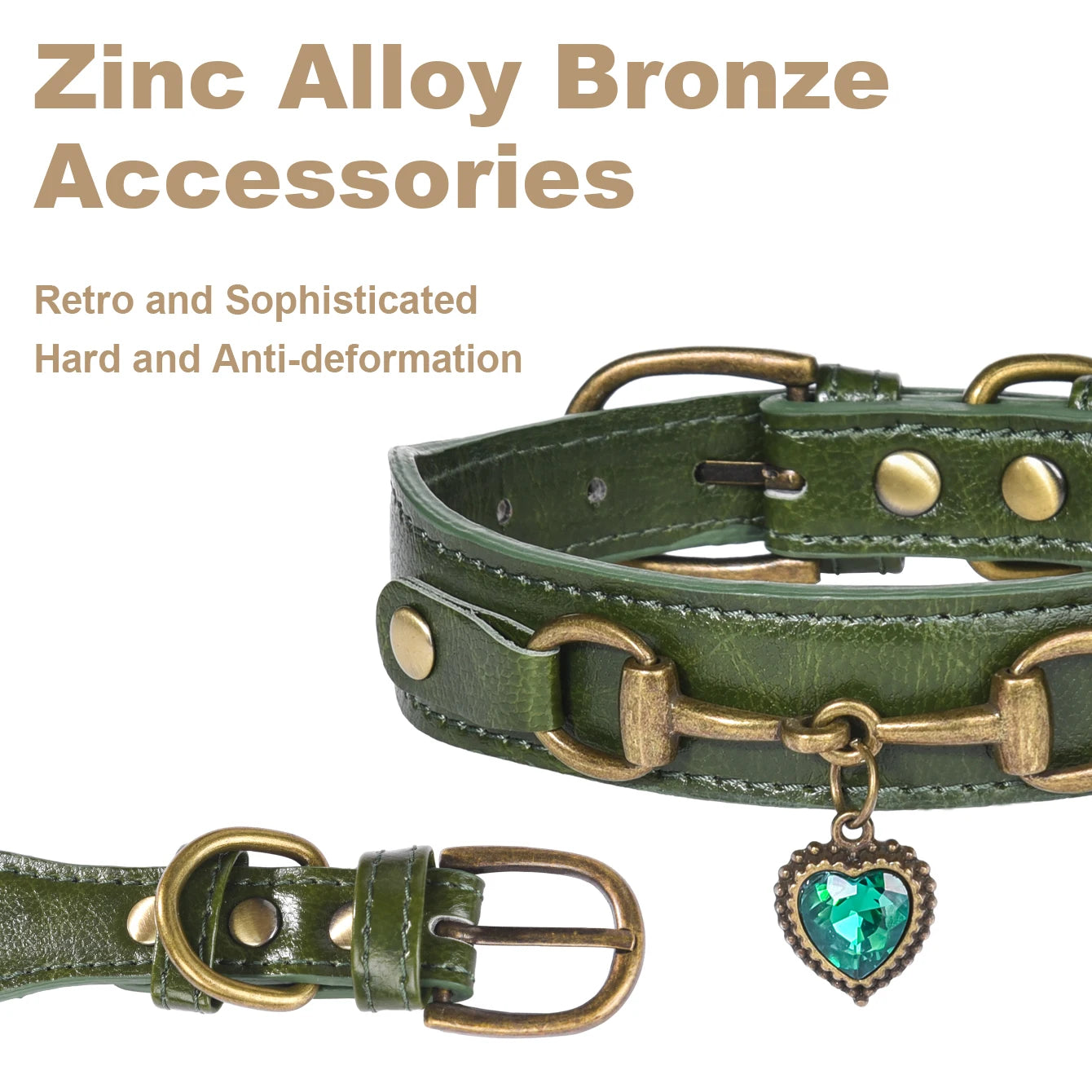 Green leather belt with bronze hardware and a heart-shaped charm on a white background